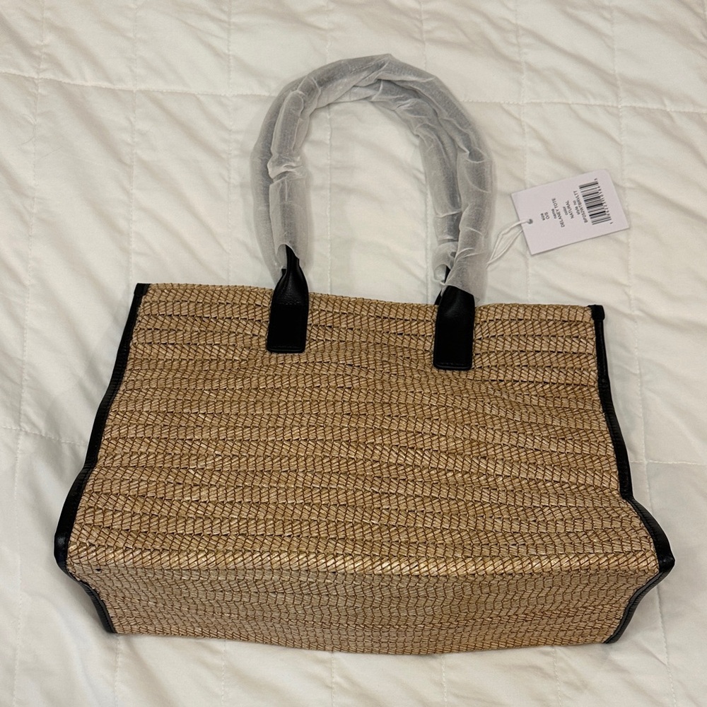 Walter Baker Delaney Woven Tote Bag Tan Black Raffia Leather Trim Boho Resort